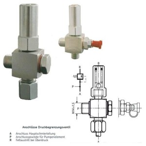 SKF Pressure relief valve 161-210-022 - Tube diameter: 8 mm - Opening pressure: 300 bar - With lubricating nipple and quick connector