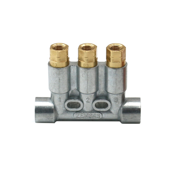 Delimon Piston distributor 343 - for oil and fluid grease - 3 Outlets - M8x1 Thread - 0.06 /0.06 / 0.06 ccm per stroke