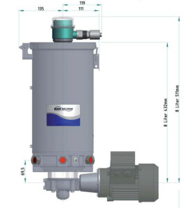Delimon ALM01A01AC05 - Pump Autolub-M - 230/400V - max. 250 bar - 8 L Reservoir - 1 x 0,1 ccm Pump element - Drive position right-sided - Pressure limiting