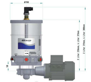 Delimon ALM08A01AC05 - Pump Autolub-M - 230/400V - max. 250 bar - 8 L Reservoir - 3 x 0,15 ccm Pump element - Drive position right-sided - Pressure limiting 160 bar