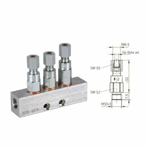 361-100-10000-00 - Vogel / SKF MonoFlex Pulse distributor 361 - For Oil and fluid grease - Outlet: 1 - 0,01 cm³ - Steel galvanized - Elastomer: NBR - Sealing: CU-Ring - 80 bar