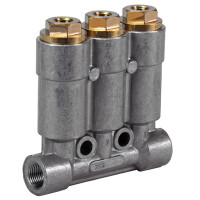 393-800-66600-ZZ - Vogel / SKF MonoFlex Pre-lubrication distributor 393 - For Oil - Outlets: 3 - 3 x 0,40 cm³ - Fitting: Without (left and right) - Elastomer: FPM - 45 bar