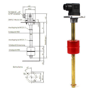 WS35-2+B28 - Vogel / SKF Fill level switch WS35 - Switching points: 2 - Min. fill-level (NC contact) / Advance warning (NO contact) - Length: 500 mm - Rectangular plug with cable socket without LED