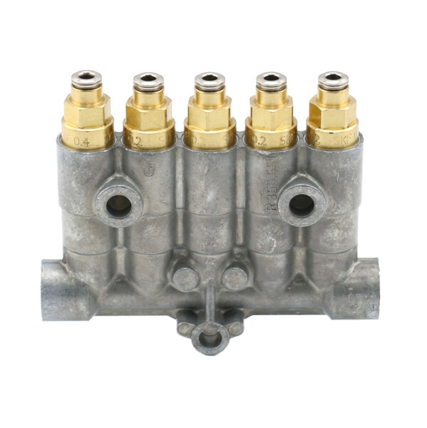 355-1VS-44444-ZZ-V - Vogel / SKF MonoFlex Pre-lubrication distributor 355 - For fluid grease - Outlets: 5 - Fitting: Without (left and right) - Elastomer: NBR - 80 bar - Push-in connector
