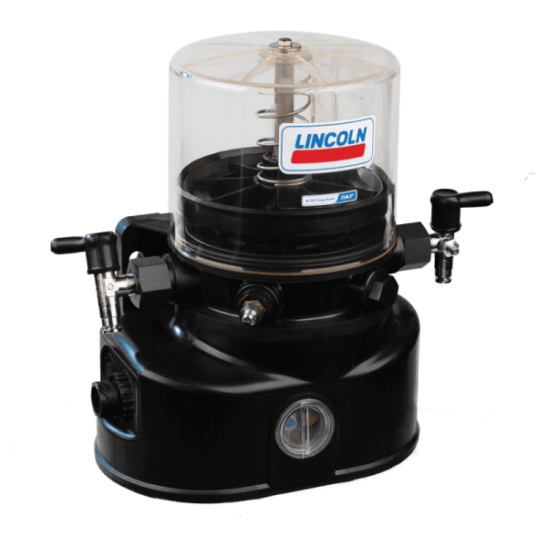658-41218-4 - Lincoln Progressiv pump P502-1XLF-1K6-12-2A1.10-V20 - 1 Liter Plastic reservoir - 1 Pump element - 12 Volt - Follower plate and fill level monitoring