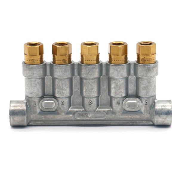 345-500-22222-ZZ-V - Vogel / SKF MonoFlex Pre-lubrication distributor 345 - Solderless pipe fitting - fluid grease - 5 Outlets - 5 x 0,03-0,10 cm³ - Zinc die cast - Elastomer: NBR - 45 bar
