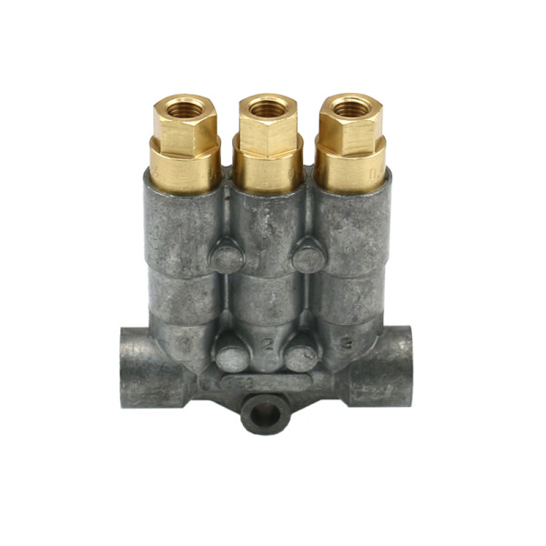353-1VS-44400-ZZ-V - Vogel / SKF MonoFlex Pre-lubrication distributor 353 - For fluid grease - Outlets: 3 - Fitting: Without (left and right) - Elastomer: NBR - 80 bar - Push-in connector